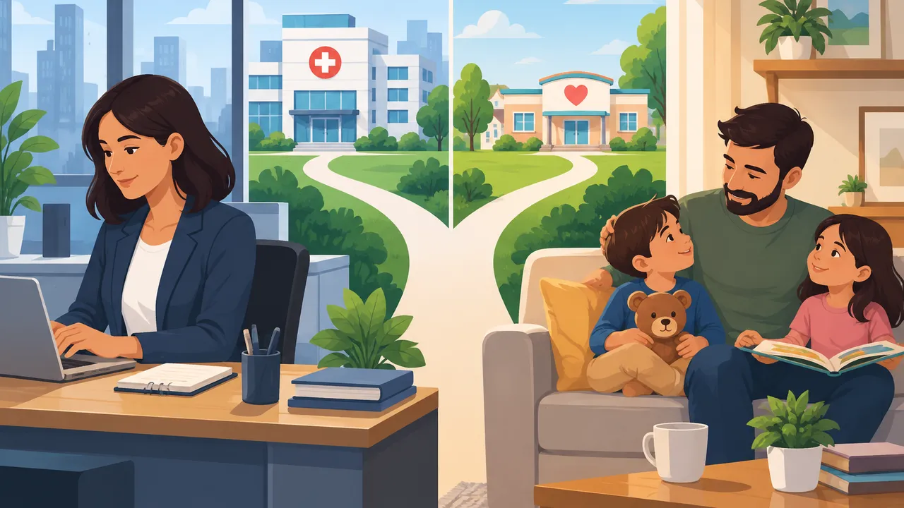 A split composition shows a mother at work and her husband with two children at home, connected by branching paths toward healthcare buildings, without text, numbers, or logo-like symbols.