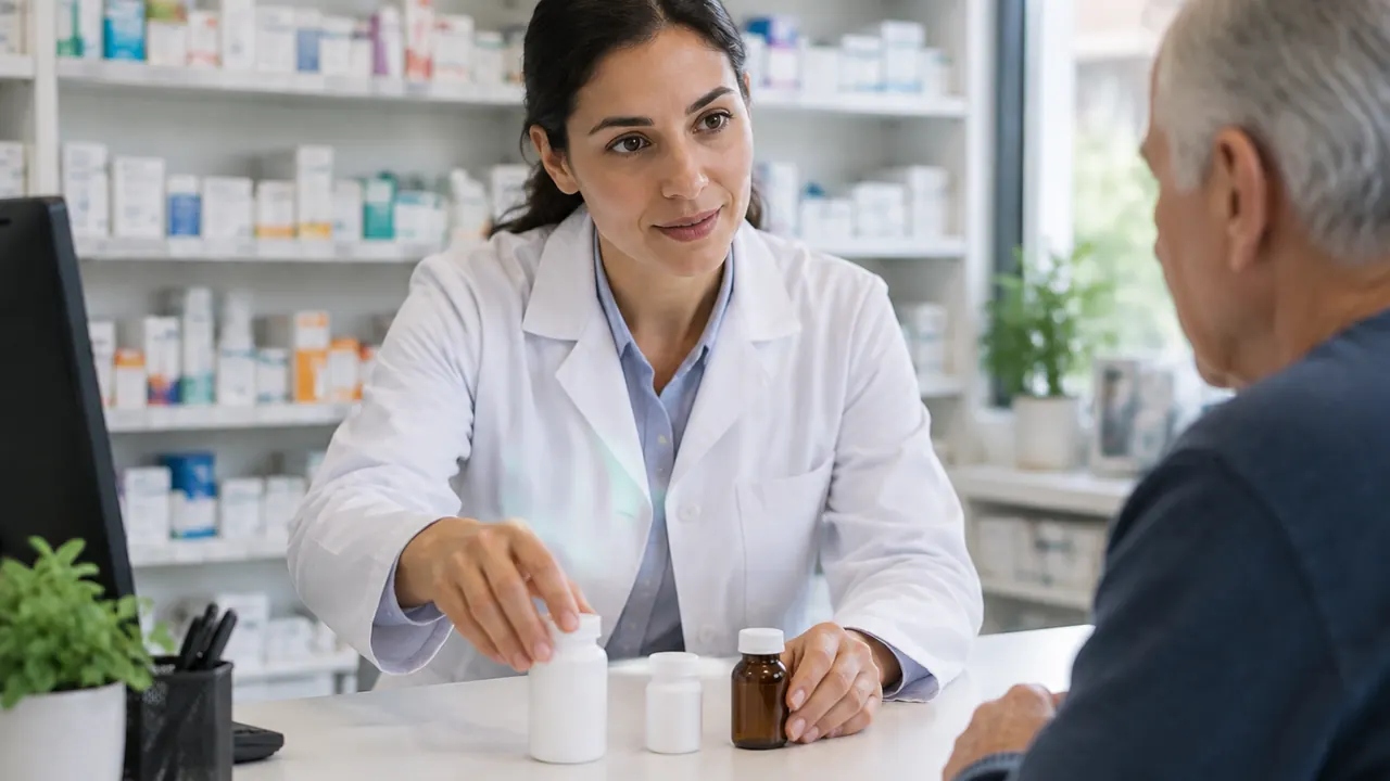 A pharmacist places three distinct, plain medicine containers on a counter during a patient consultation, with no visible text, logos or readable screens.