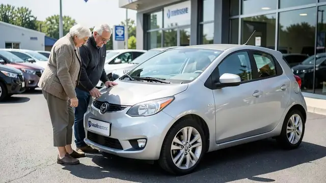An older couple inspecting a compact silver hatchback at a dealership