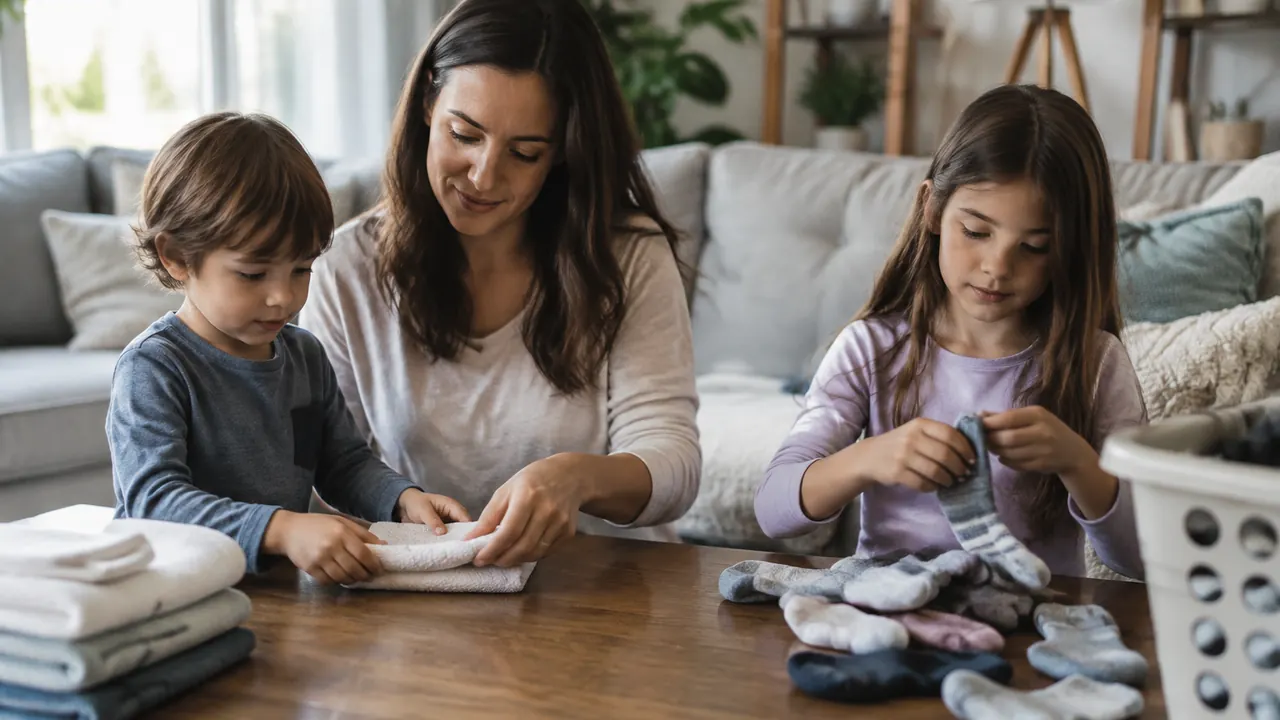 A parent shows a young child how to fold a small towel while an older child sorts clean socks nearby.