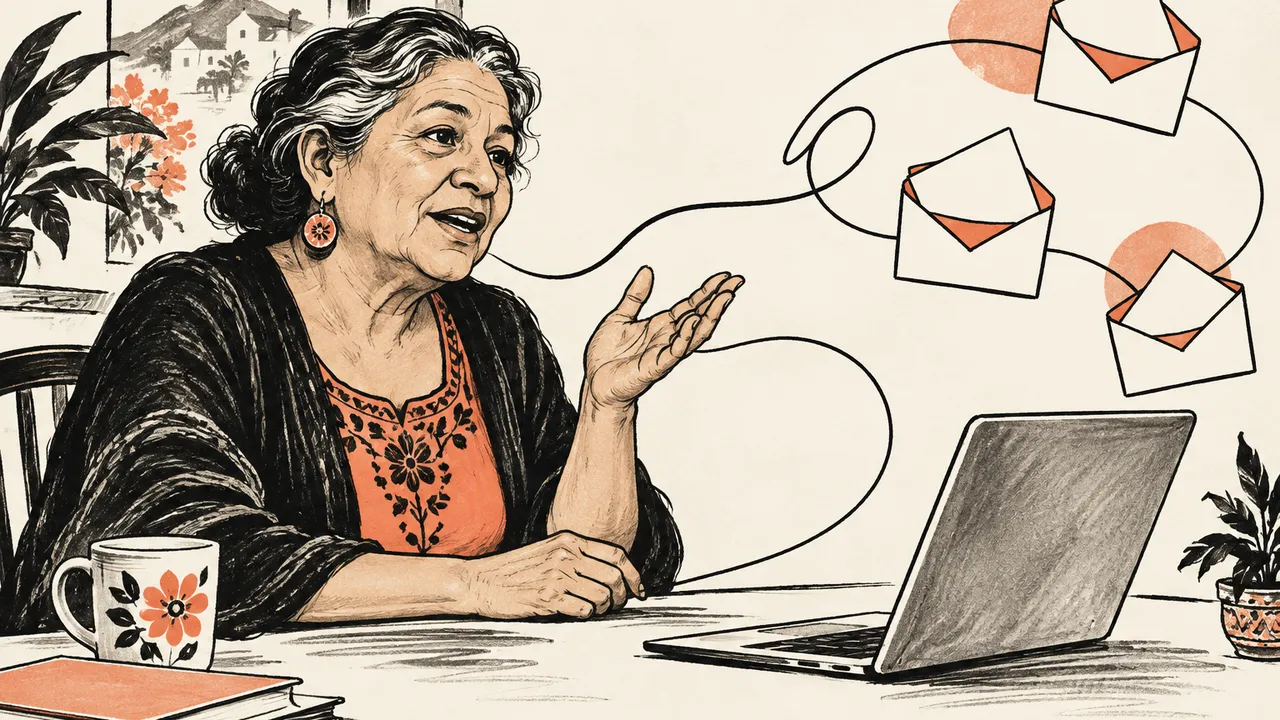 An older Latina woman speaks naturally at a desk as a flowing ink line connects her to an open laptop and blank envelopes, rendered in expressive black ink with restrained coral accents; no text, letters, numbers or logos.