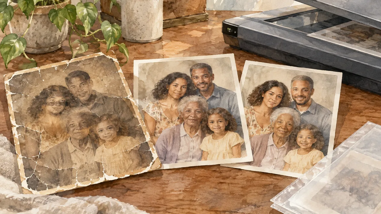 Watercolor still life of a faded portrait of three generations of a multiracial family beside two restored versions with subtly different facial details, a scanner and an archival photo sleeve, in soft muted pigments without text, letters, numbers or logos.