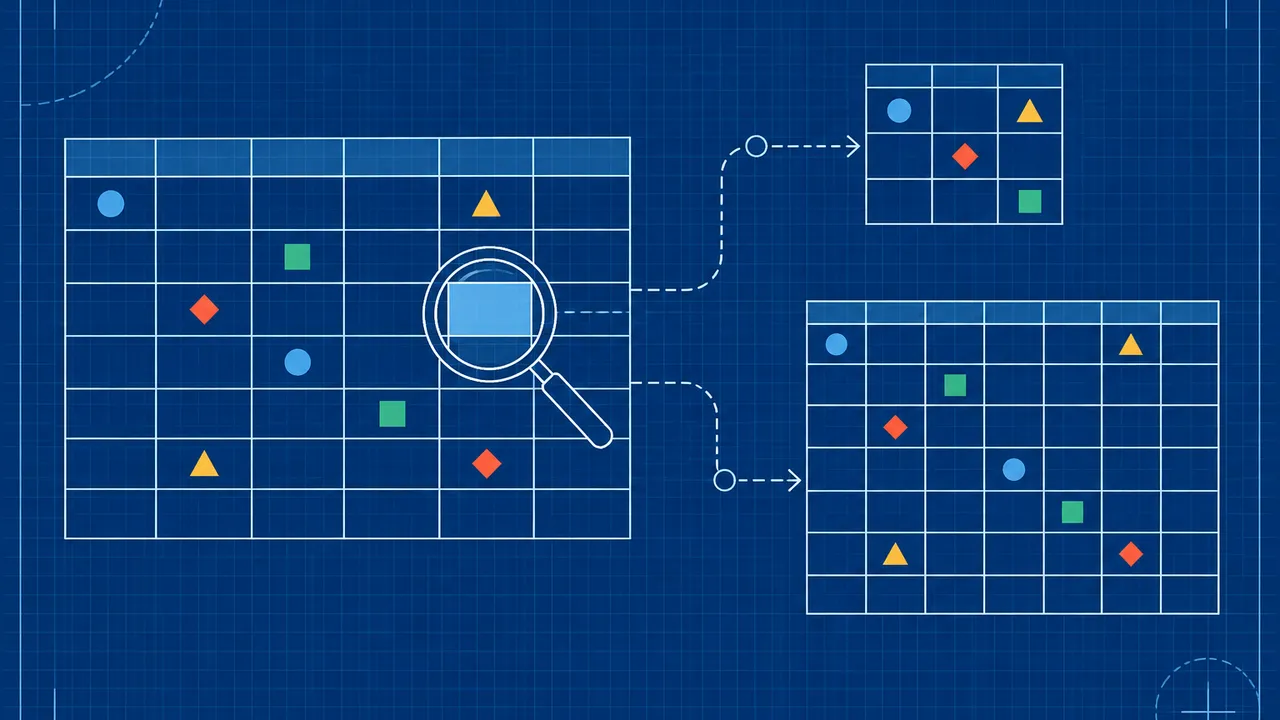 Blueprint-style overhead spreadsheet of empty cells and colored shapes, with a magnifier and branching paths to small and large grids; no text, letters, numbers or logos.