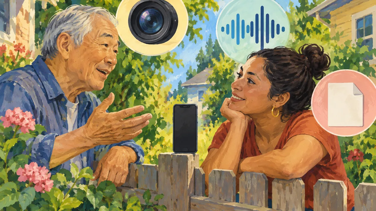 Gouache painting of an older East Asian man and younger Latina neighbor conversing across a garden fence, an unbranded phone between them; camera lens, sound waves and blank document insets; bright palette, no text or logos.