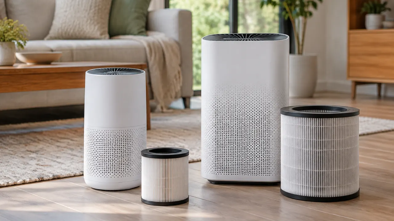 Two unbranded air purifiers stand beside differently sized replacement filters arranged on a living room floor.