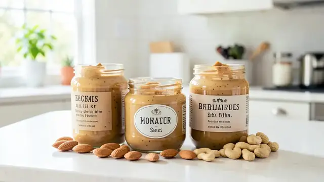 A jar of almond butter with whole almonds and wholegrain toast