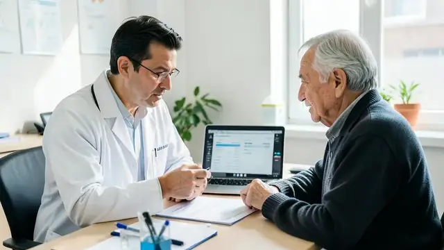 A cardiologist reviewing heart imaging with a patient in a clinic