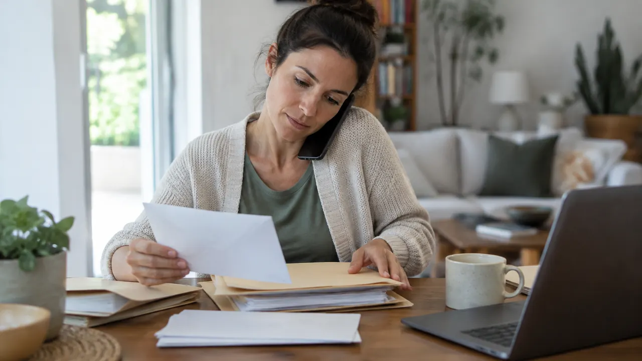 An adult organizes unmarked envelopes into folders while speaking on a phone in a calm home setting, with no visible text, logos or readable screens.