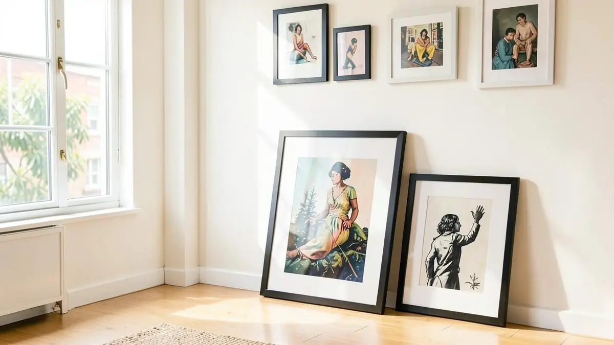 Framed prints leaning against a wall in a studio