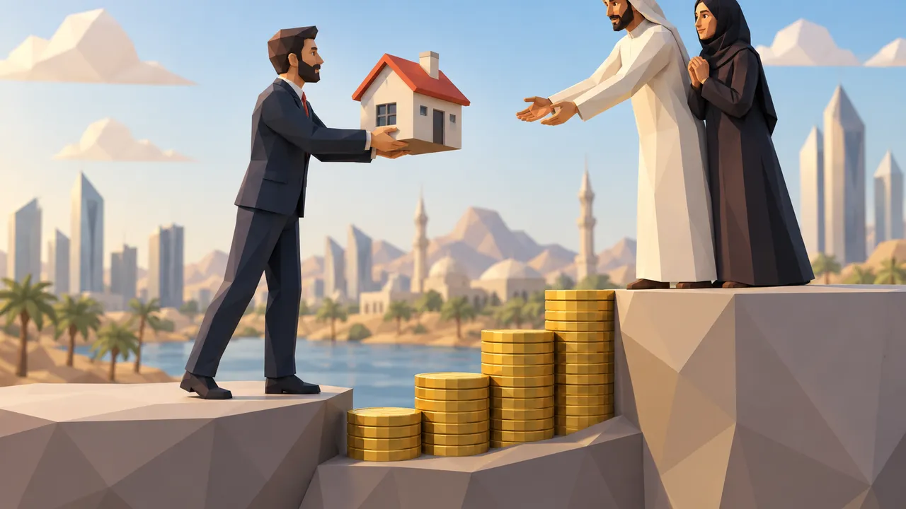 Low-poly scene of a seller handing a house-shaped object to a young Middle Eastern couple across platforms of unequal height, with stacked coins bridging the difference, crisp lighting, and no text, words, numbers, or logos.