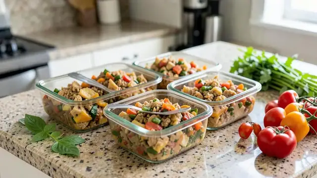 Prepared food in containers on a kitchen counter