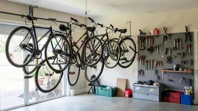 Bicycles hanging on wall-mounted racks in a tidy home garage