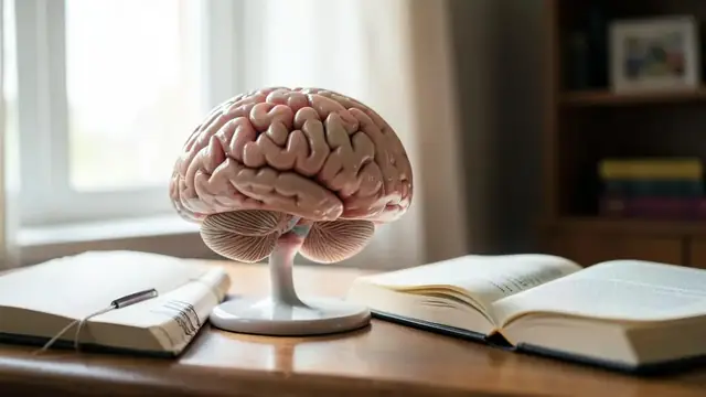 An illustrated brain diagram on a desk beside research papers