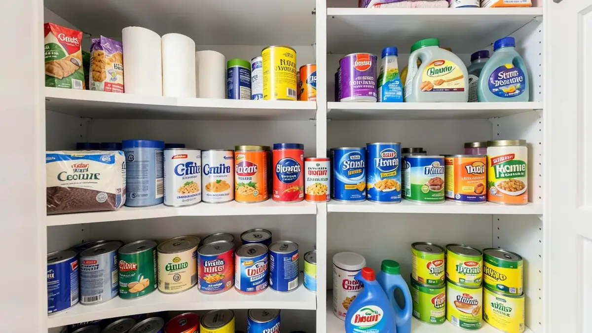 Organised pantry shelves stocked with bulk household essentials