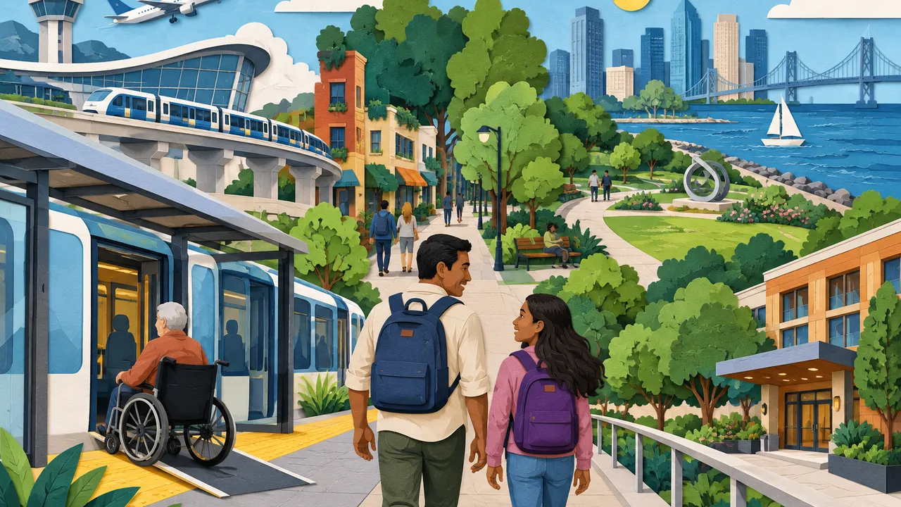 Layered paper-cut American city with an airport train, walkable neighborhood, public park, waterfront path and modest hotel. A Latino father and teenage daughter carry small backpacks while an older wheelchair user approaches an accessible tram platform. Vibrant dimensional paper textures; no text or logos.