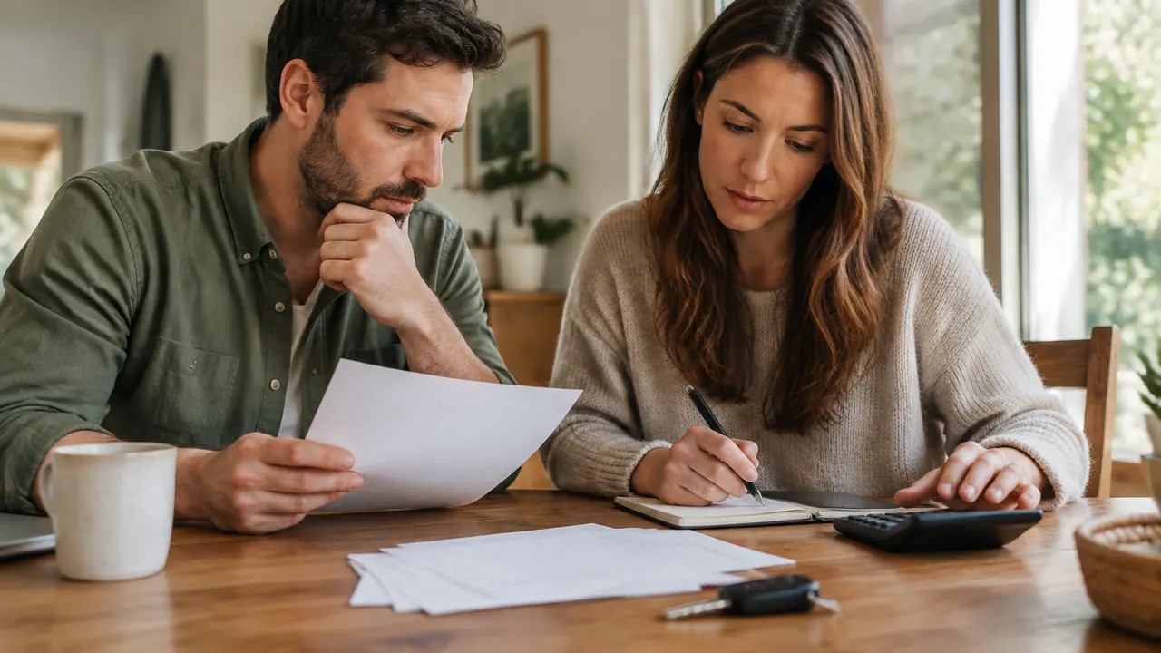 Car keys, a calculator angled away from view, and papers face down on a wooden table during a home budgeting session, with no visible text or logos.