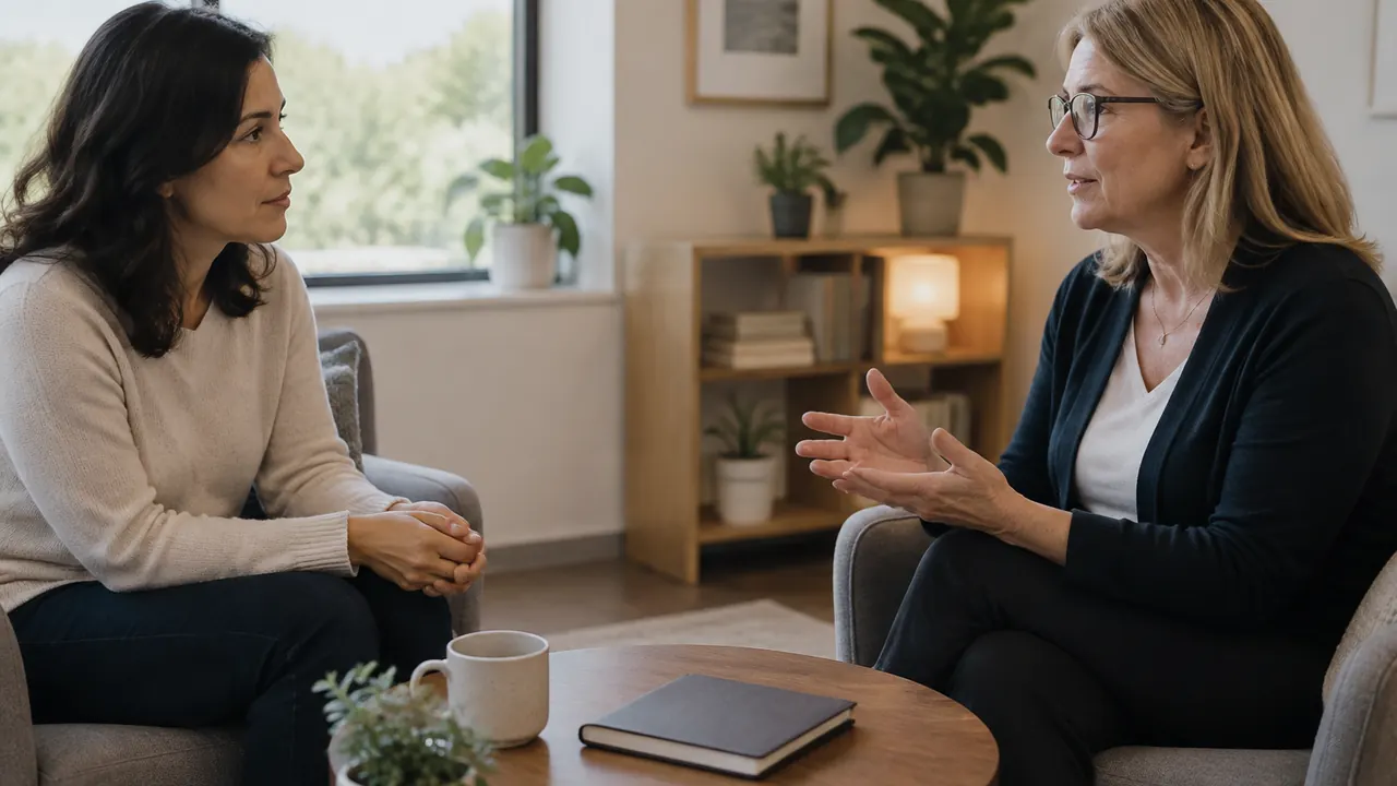 An adult meets with a sleep therapist in a quiet office, with a closed notebook between them and soft natural light.