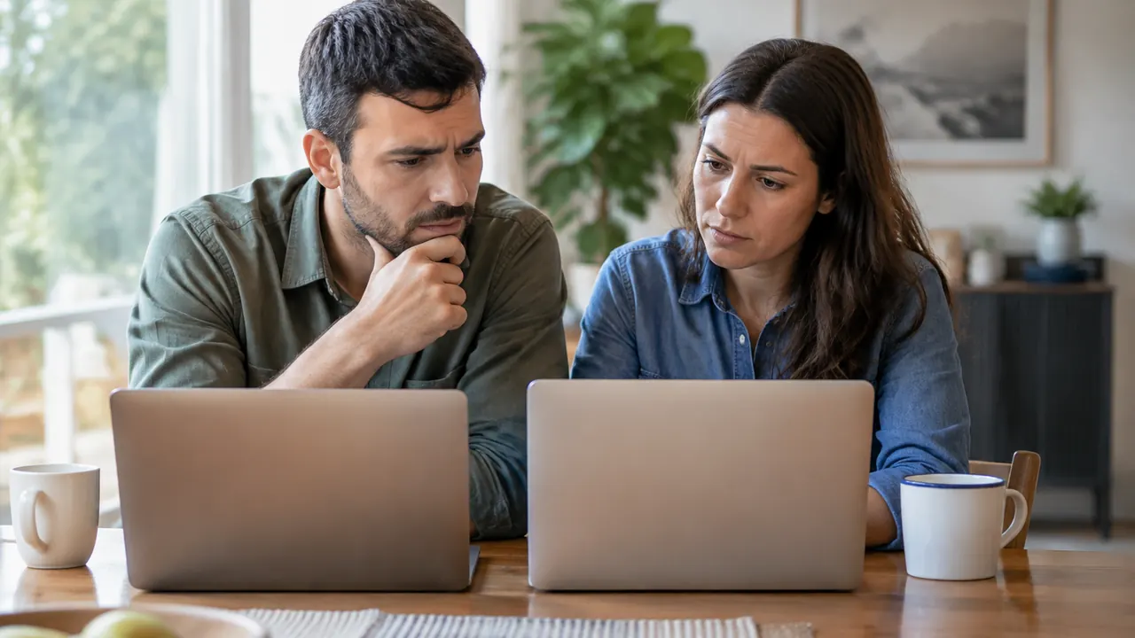 Two people comparison shopping at a dining table with laptops, their screens facing away from the camera, with no visible text, logos or brand names.