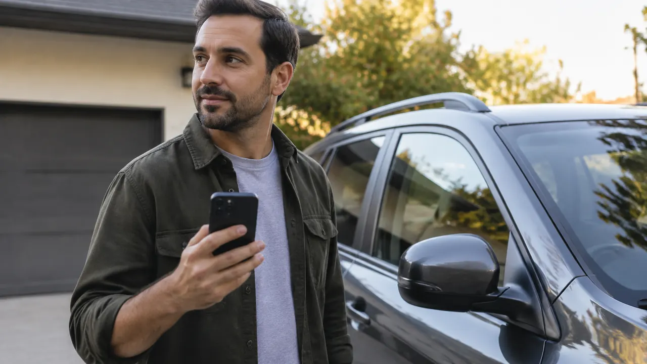 Vehicle owner holding a phone with its back toward the camera beside an unbranded car in a driveway, with no visible text, logos, or readable screens.