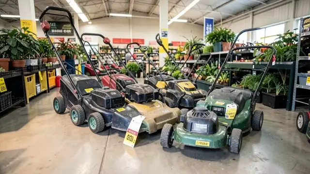 A row of lawn mowers with clearance tags on a garden centre floor