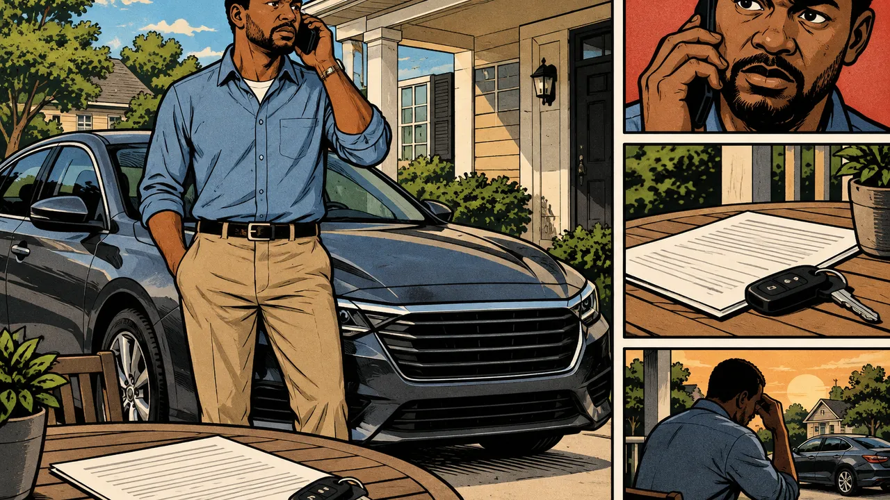 A Black man stands beside a newly purchased sedan at home, taking a concerned phone call. Car keys and unsigned papers rest on a nearby porch table. Restrained retro comic panels contain no speech bubbles, visible text, words or logos.