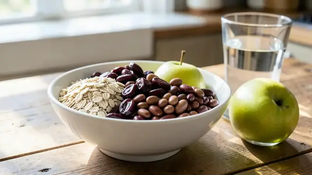 A bowl of oats, prunes and beans beside a glass of water on a kitchen table