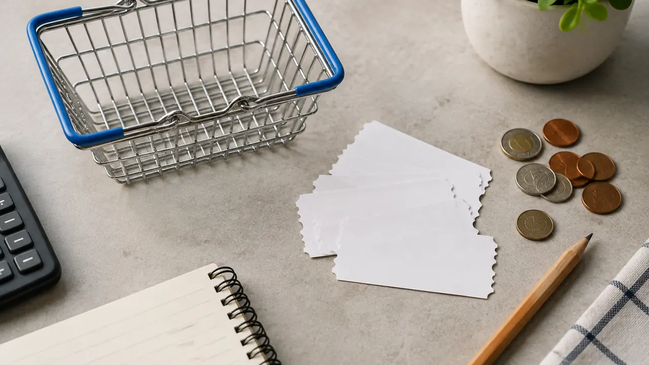 Overhead view of a small shopping basket, blank coupon-shaped slips, coins and a pencil on a neutral tabletop, with no text or logos.