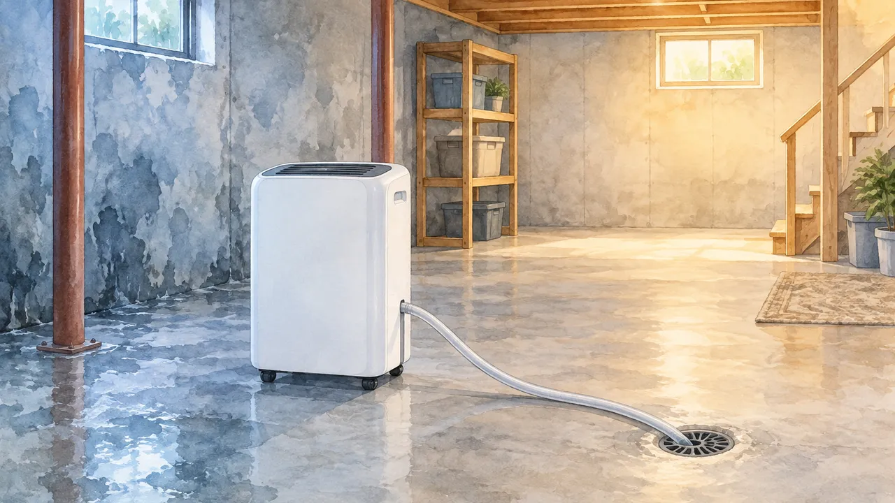 Realistic watercolor of a clean, unfinished basement with an unbranded portable dehumidifier, generous clearance and a gravity hose sloping toward a floor drain. Cool moisture tones transition to warm, dry tones, with no text or logos.