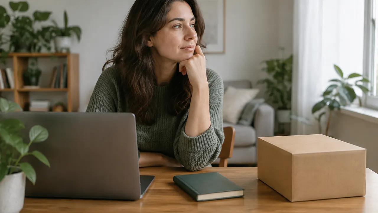 A person at a home desk beside an empty package-sized space and a closed notebook, with a laptop screen turned away from view.