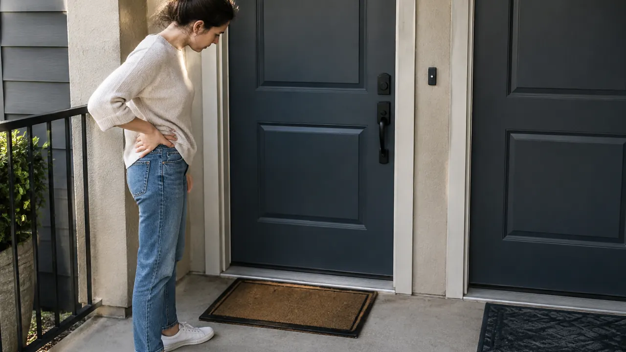 A homeowner examines an empty front doorstep beside a neighboring apartment door, with no visible house numbers, text, logos, brand names or readable screens.