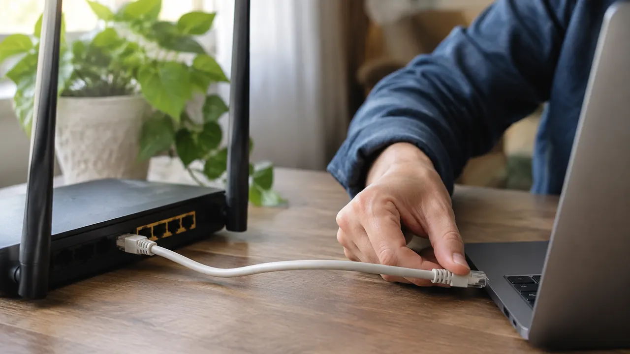 Person connecting an Ethernet cable to a laptop beside a home router, with the laptop screen outside the frame.