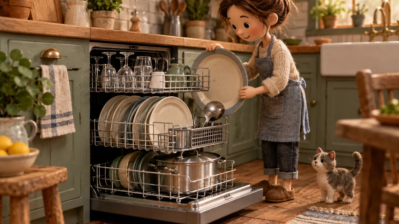 Handcrafted miniature kitchen, warmly lit, with an open dishwasher: three pulled-out racks hold oversized dinner plates, stemmed glasses, a ladle and stockpot; tactile materials, no text or logos.