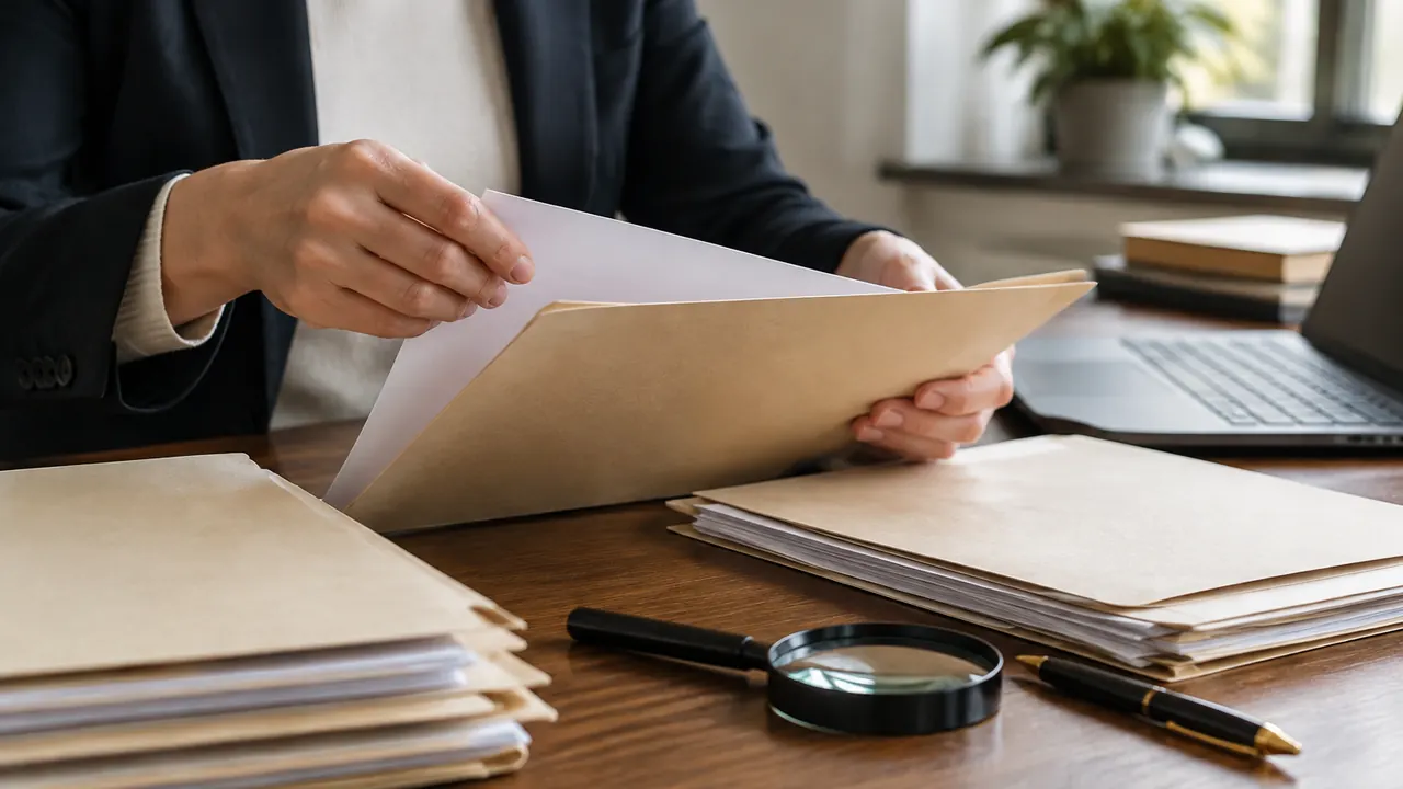 Hands sorting documents face down into plain folders beside a magnifying glass and pen, with no visible text, logos or screens.