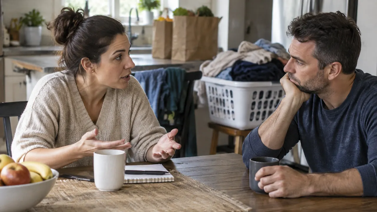 Two adults discuss household responsibilities at a kitchen table, with a laundry basket and grocery bags in the background.