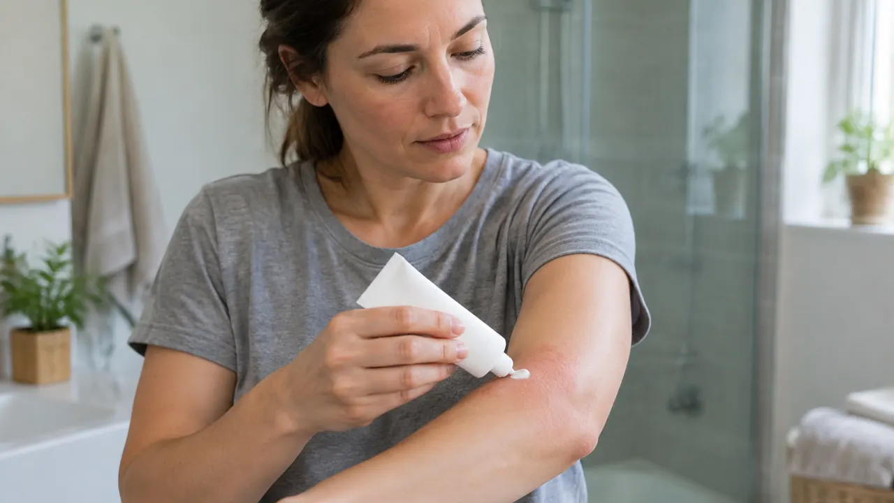 An adult applies cream from a plain tube to a mildly irritated patch on the forearm in a simple bathroom.