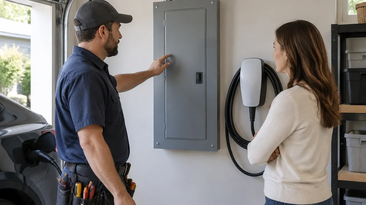 An electrician and homeowner discuss a closed electrical panel in a tidy garage, with an unbranded EV charging cable nearby.