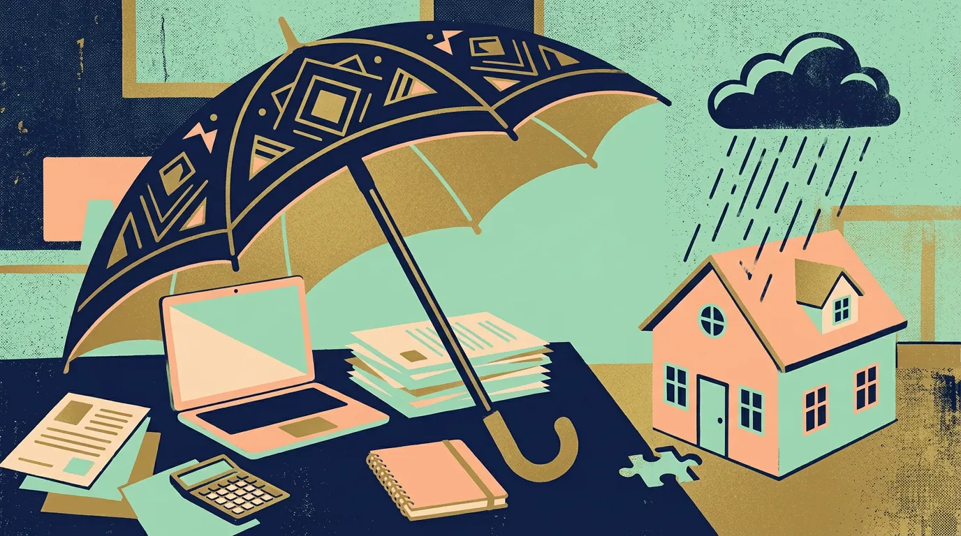 Screen-print illustration of an umbrella covering an office desk while a family home remains exposed.