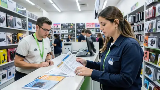 A shop assistant showing a warranty document at a store counter