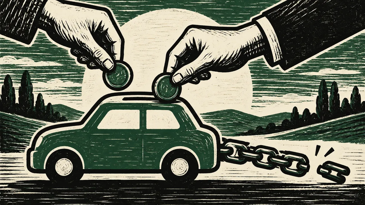 Two hands feed extra coins into a stylized car-shaped container as a linked chain shortens, rendered in bold black, cream and forest green linocut texture, without text or logos.
