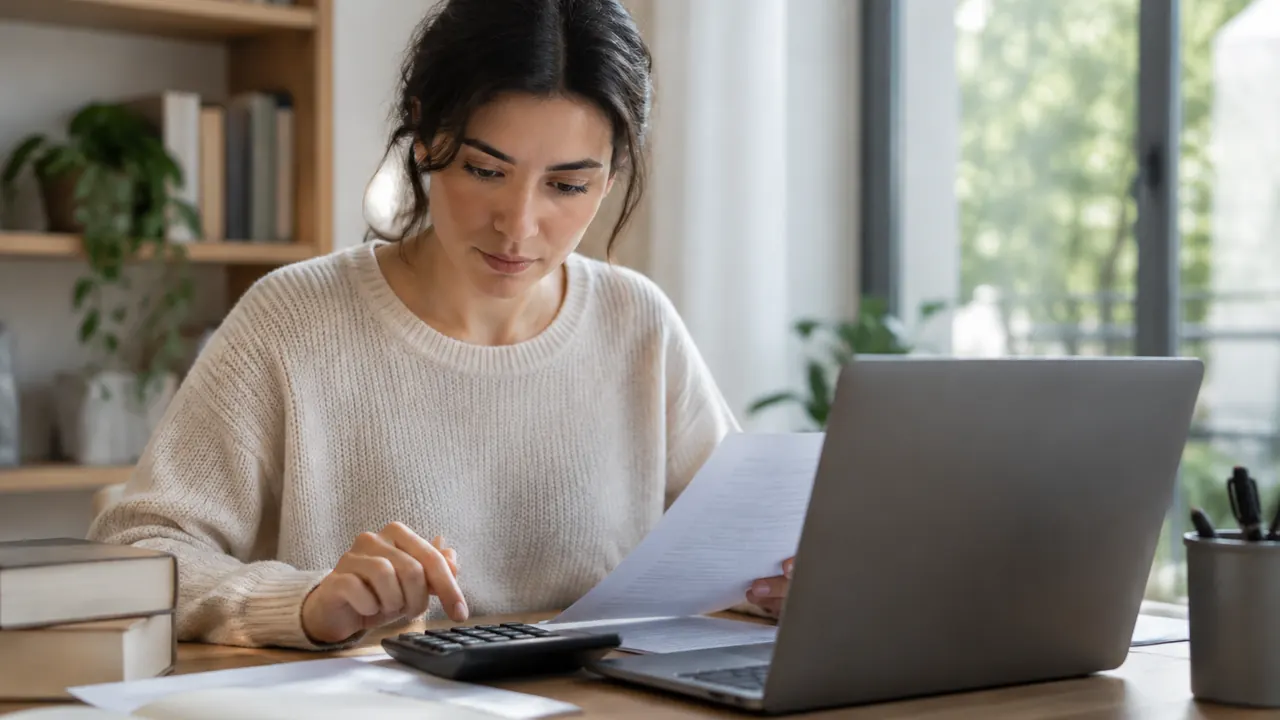A person checks work with a calculator beside an open laptop and plain-cover reference books, with the screen facing away and no visible text or logos.