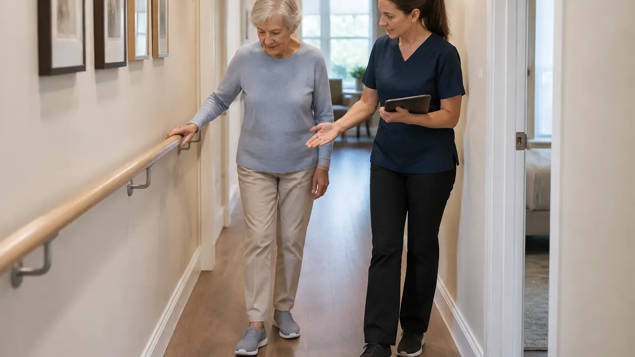 An occupational therapist and an older adult assess a well-lit hallway with a secure handrail and clear walking space.