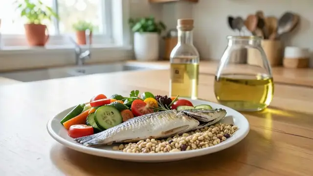 A table of vegetables, olive oil, fish and wholegrains prepared for cooking