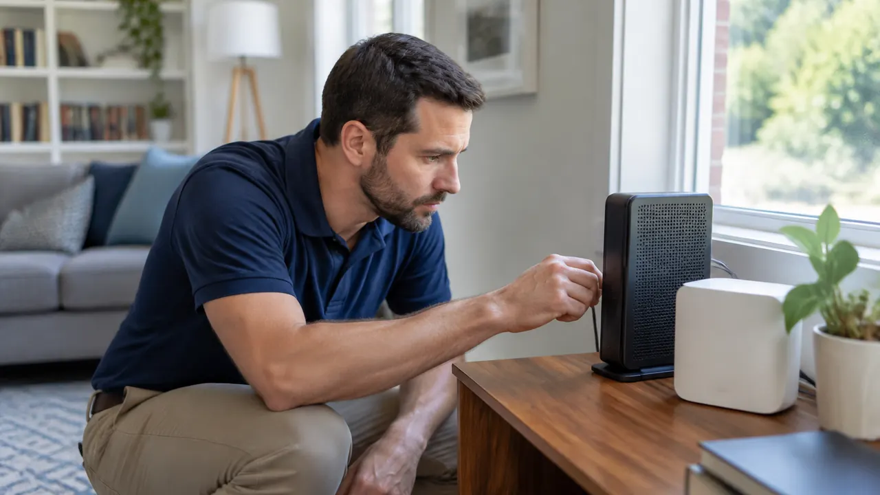 A technician examines discreet home networking equipment near a living room window in natural light, with no visible logos, brand names or readable screens.
