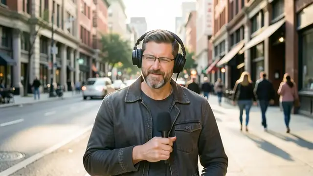Headphones and a phone showing a podcast player