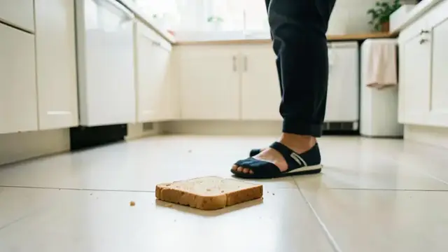 A slice of toast on a clean kitchen floor beside a person's feet