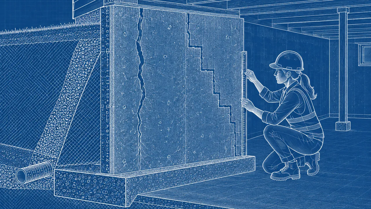 Architectural blueprint-style foundation wall cutaway showing contrasting vertical and stair-step cracks, with a female engineer using a measuring tool beside it. Precise white linework on deep blue, without annotations, text, numbers or logos.