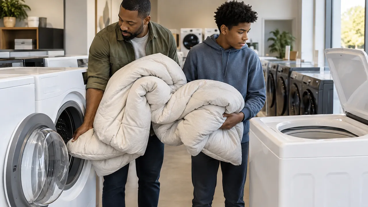 A Black father and his teenage son hold a bulky comforter in a naturally lit appliance showroom, comparing an open front-load washer with an open top-load washer. All machines are unbranded, with blank controls and no visible text, words or logos.