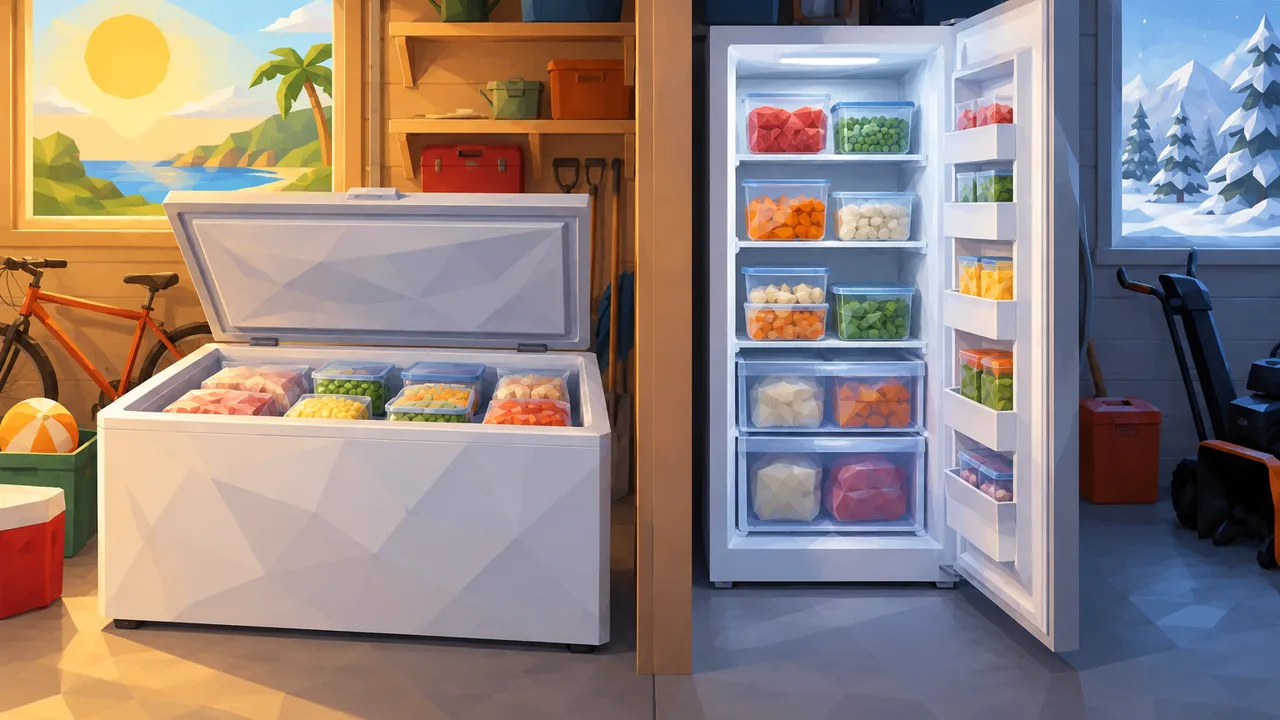 A low-poly split garage scene shows an open chest freezer and an open upright freezer with neatly arranged, unlabeled frozen-food containers. Warm summer colors appear outside one window and winter snow outside another. There is no text or logo.