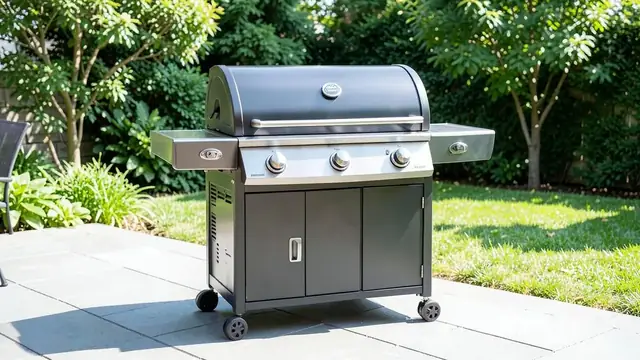 A gas grill on a patio in daylight