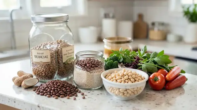 Beans, lentils, oats and vegetables on a kitchen counter